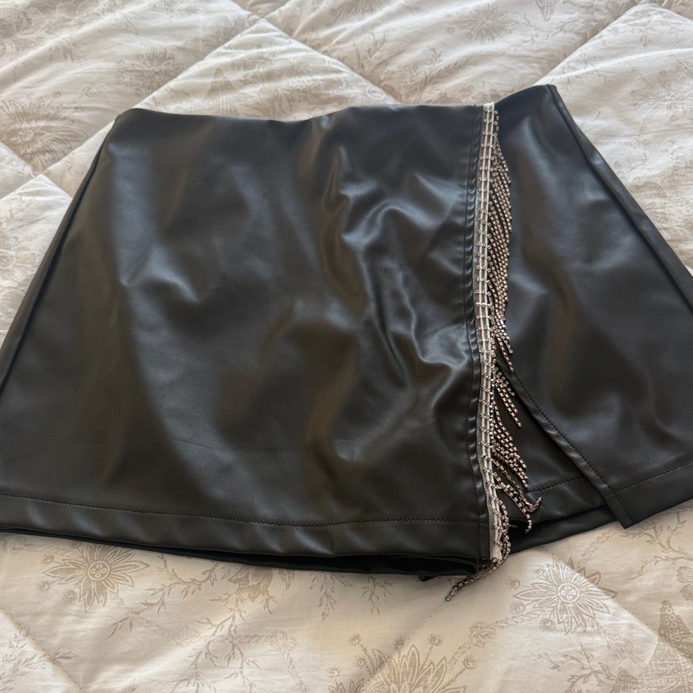Black Faux Leather Skort with Fringe Detail
